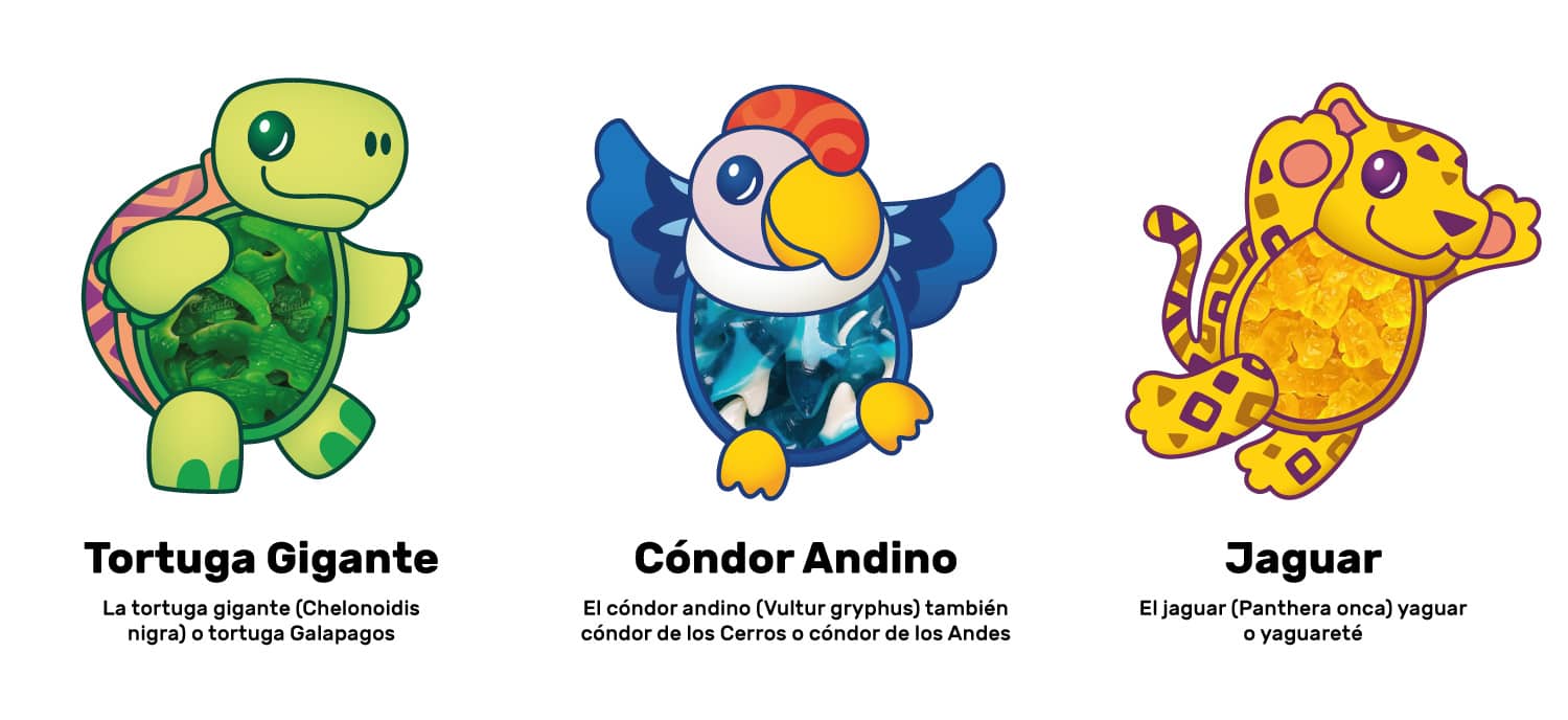 Diseno personajes ilustracion animales gomitas snacks consumo masivo C